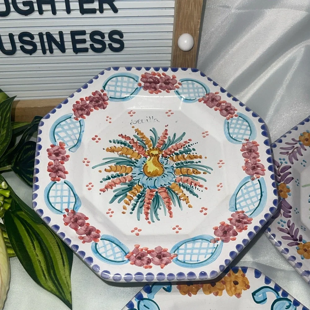 Set of 3 Hand-Painted Sevilla Spain Plates – Hecho a Mano – Octagon Floral